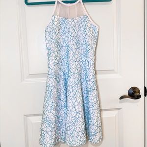 Sally Miller white w/ blue lace fit flare dress